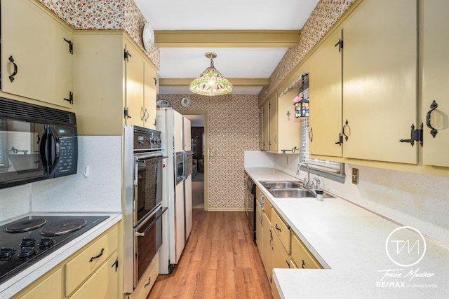 kitchen featuring pendant lighting, sink, black appliances, and light wood-type flooring