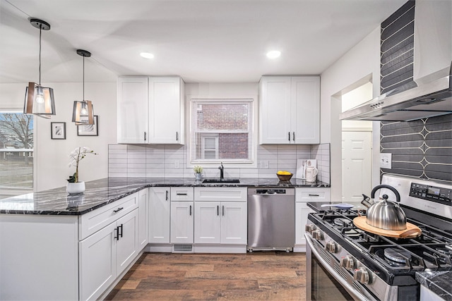 kitchen with white cabinetry, appliances with stainless steel finishes, sink, and wall chimney range hood