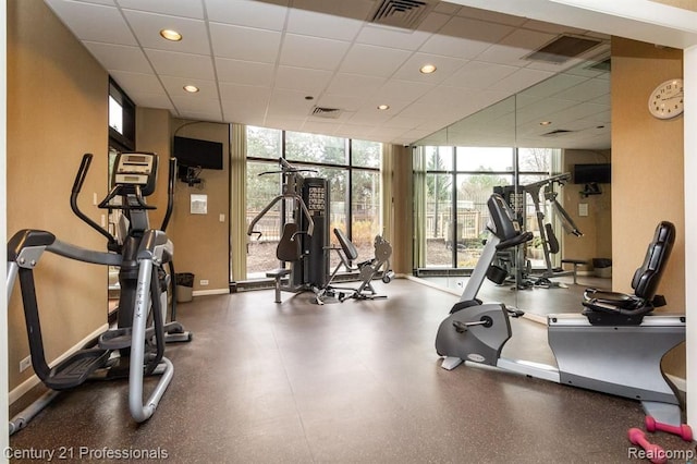 gym with visible vents, floor to ceiling windows, a paneled ceiling, and baseboards