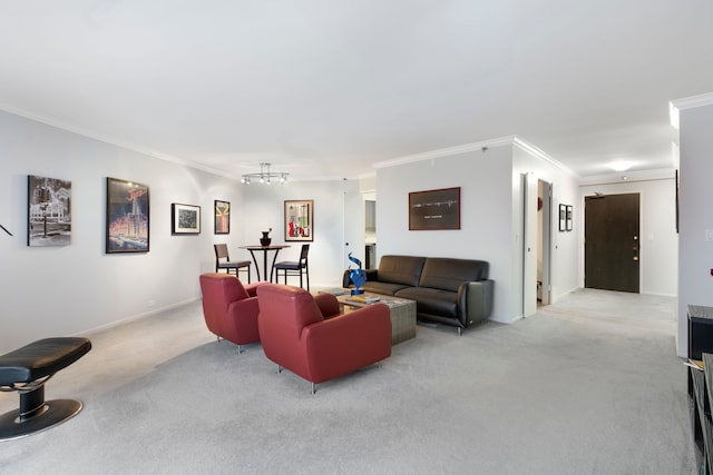 carpeted living room with an inviting chandelier and ornamental molding