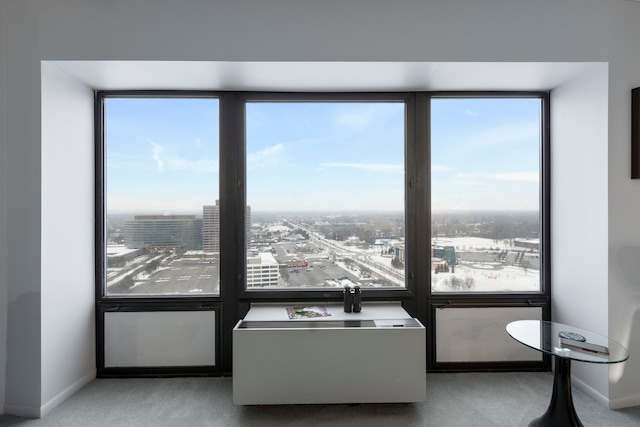 interior space featuring baseboards, multiple windows, and a view of city