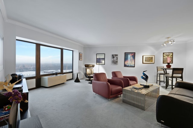 living room with a water view, light colored carpet, and ornamental molding