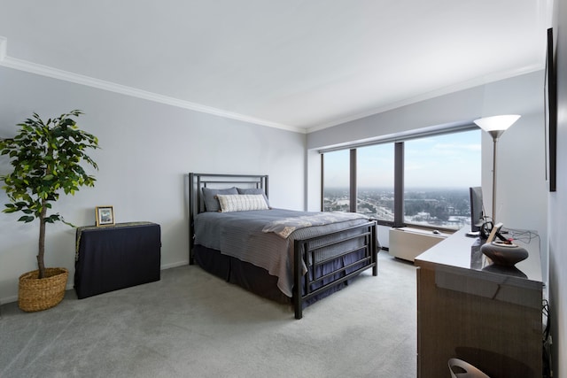 bedroom featuring ornamental molding and light colored carpet