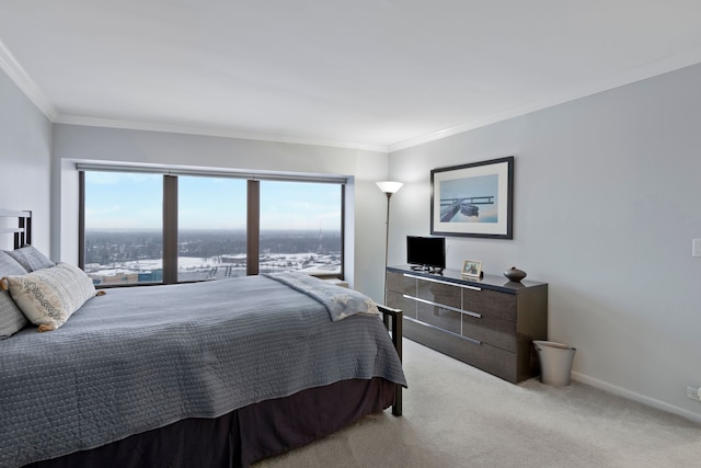 bedroom featuring light colored carpet, crown molding, and multiple windows