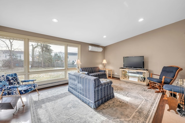 living room with a baseboard radiator, lofted ceiling, a wall mounted AC, and wood-type flooring