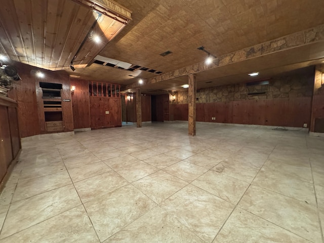 basement featuring wooden walls