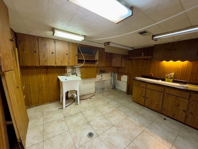 kitchen with sink and wooden walls