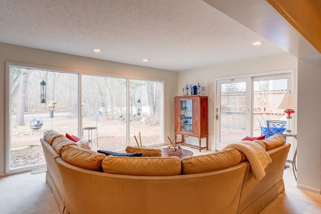 living room featuring light carpet and a textured ceiling