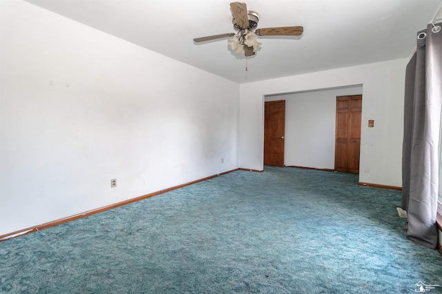 unfurnished bedroom featuring a closet, ceiling fan, and carpet