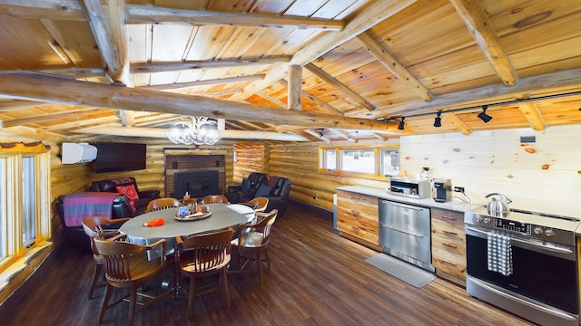 kitchen with wooden ceiling, vaulted ceiling with beams, dark wood-style floors, and log walls