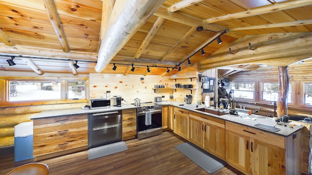 kitchen featuring electric stove, rustic walls, rail lighting, wood ceiling, and vaulted ceiling with beams