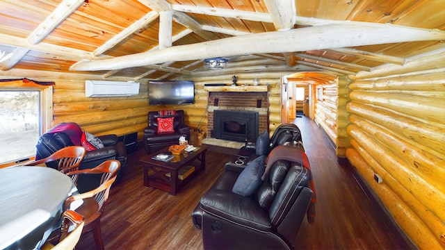 living room with hardwood / wood-style flooring, a wall unit AC, arched walkways, wooden ceiling, and vaulted ceiling with beams