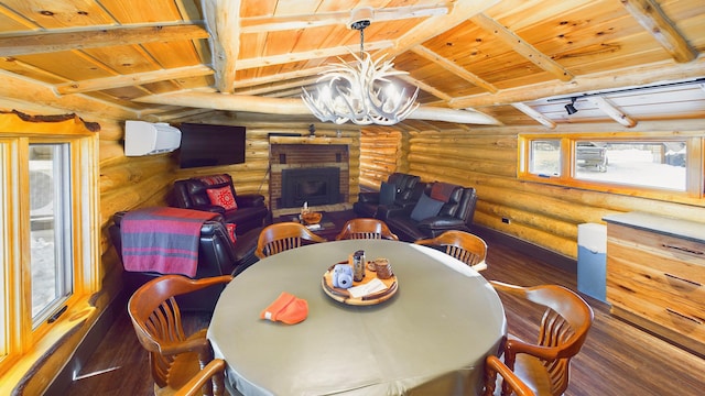 dining space with lofted ceiling with beams, wood finished floors, a notable chandelier, and wooden ceiling