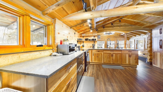 kitchen featuring wooden ceiling, a peninsula, dark wood-type flooring, and stainless steel appliances