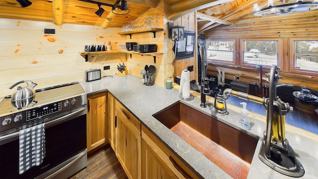 kitchen featuring dark wood-type flooring, electric stove, open shelves, log walls, and wood ceiling