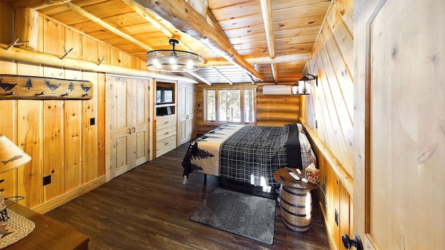 bedroom with beamed ceiling, wood ceiling, a wall unit AC, log walls, and dark wood-style flooring