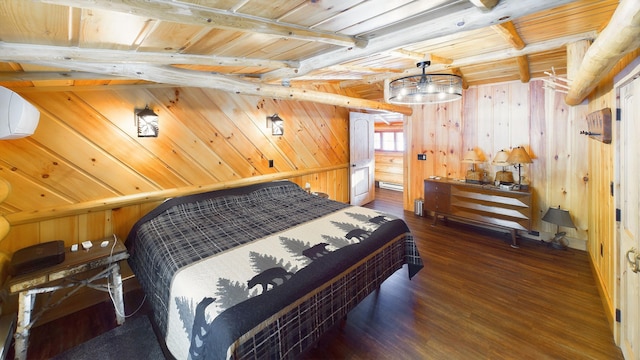 bedroom featuring wood finished floors, wood ceiling, wood walls, and beam ceiling