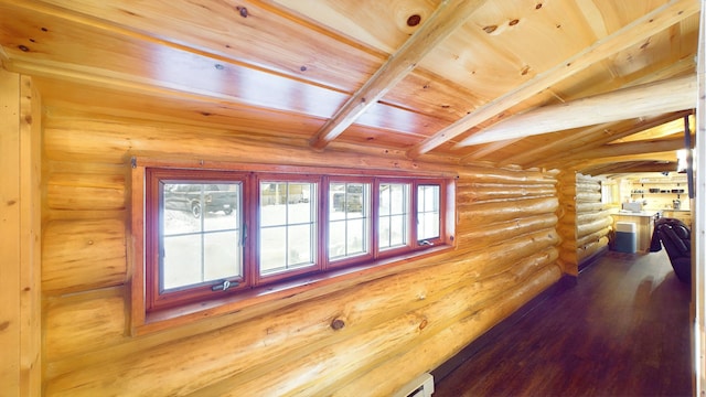 corridor featuring beamed ceiling, log walls, wood ceiling, and wood finished floors