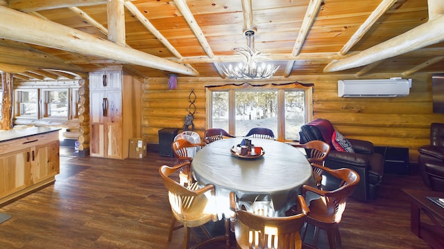 dining room with an inviting chandelier, wood ceiling, dark wood-style flooring, and a wall mounted AC