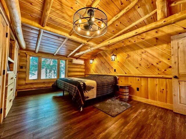 bedroom featuring hardwood / wood-style flooring, log walls, wood ceiling, and a wall mounted AC