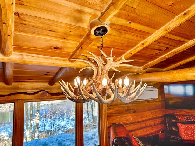 details with an inviting chandelier, beamed ceiling, wood ceiling, and log walls