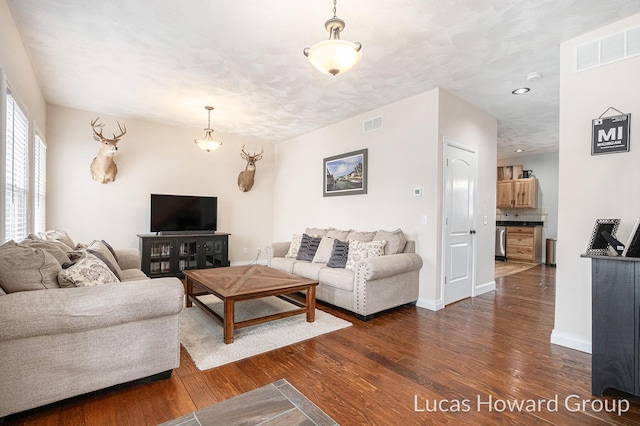 living room featuring dark hardwood / wood-style flooring and a textured ceiling