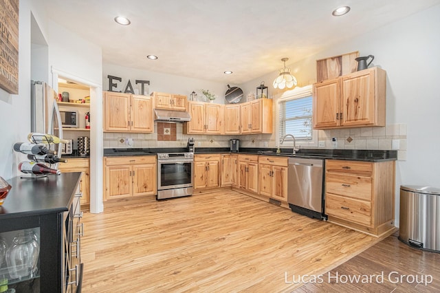 kitchen featuring pendant lighting, sink, light hardwood / wood-style flooring, appliances with stainless steel finishes, and tasteful backsplash