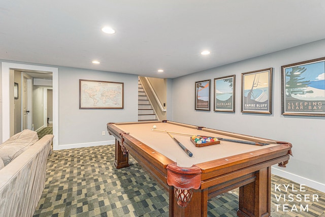 rec room featuring baseboards, billiards, and recessed lighting