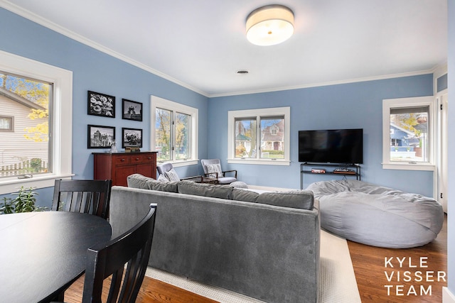 living room with wood finished floors and crown molding