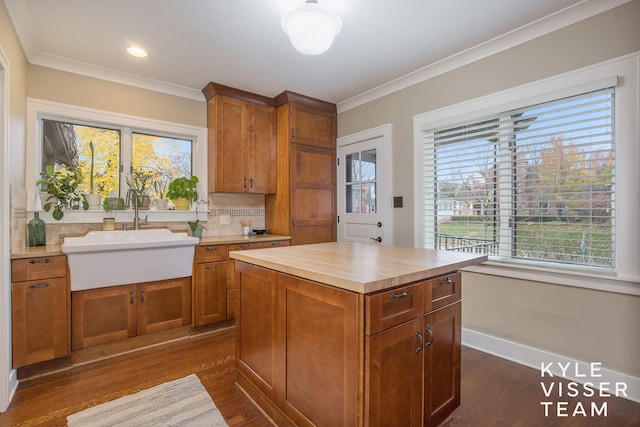 kitchen with a center island, light countertops, backsplash, ornamental molding, and a sink