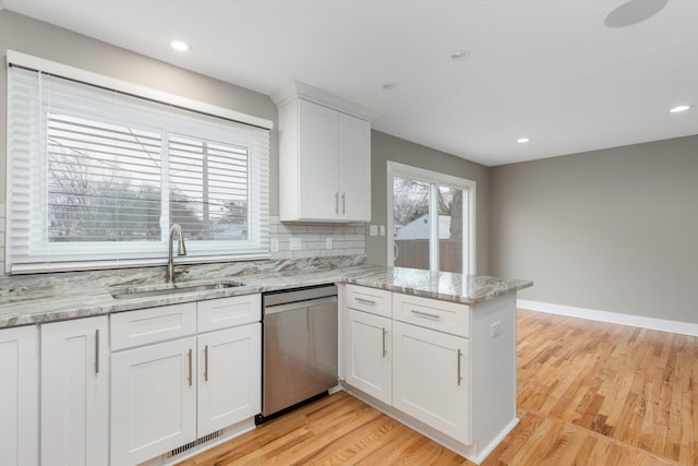 kitchen with dishwasher, sink, white cabinets, light stone counters, and kitchen peninsula