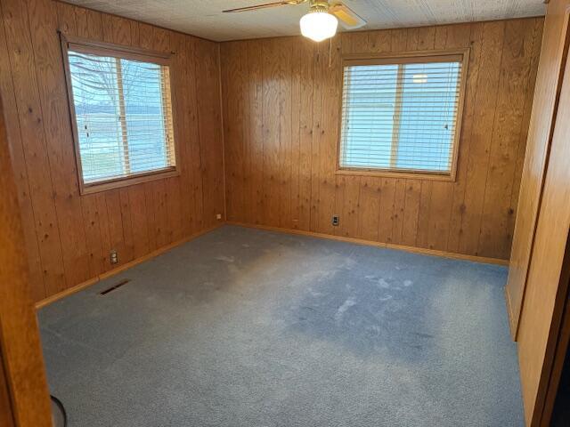 spare room featuring wood walls, ceiling fan, and carpet flooring