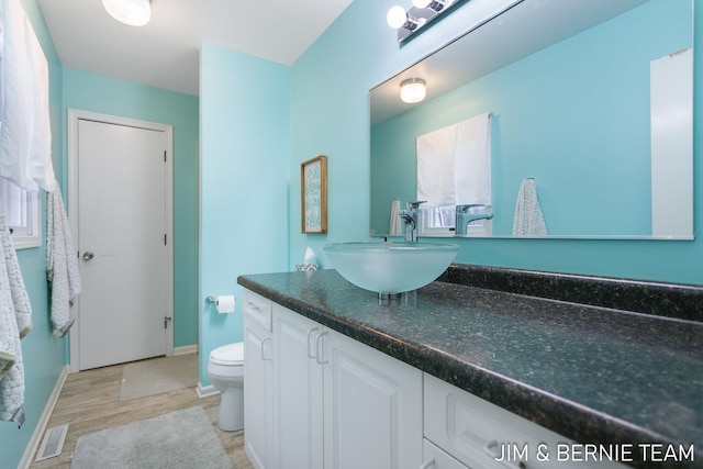 bathroom featuring vanity, wood-type flooring, and toilet