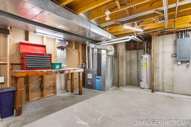 basement featuring heating unit, electric panel, and water heater