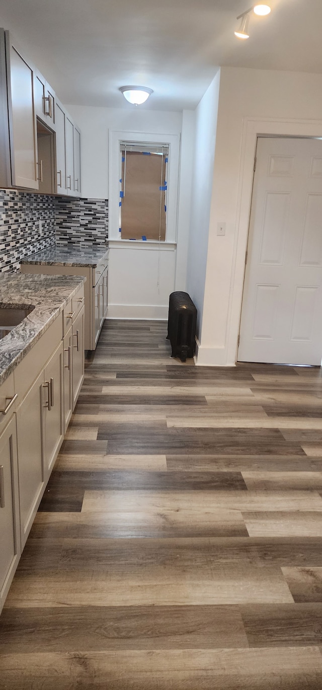 kitchen featuring decorative backsplash, dark wood-type flooring, and light stone countertops