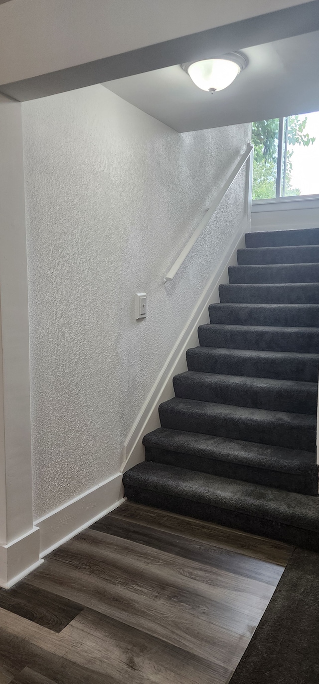 stairs featuring hardwood / wood-style flooring