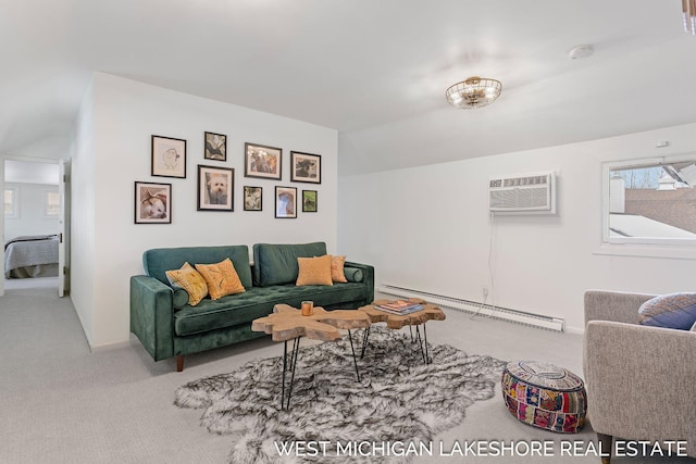 living room featuring a baseboard heating unit, a wall mounted air conditioner, and carpet