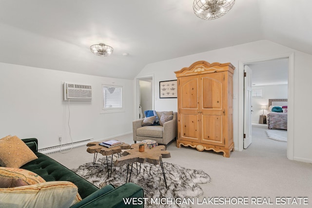 carpeted living room with a baseboard radiator, vaulted ceiling, and a wall mounted AC