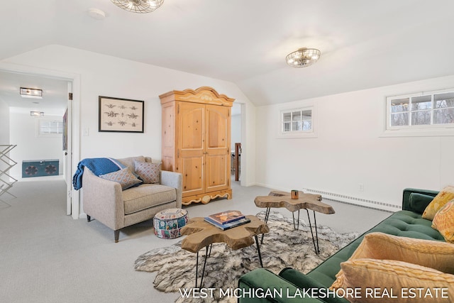 carpeted living room featuring lofted ceiling and baseboard heating