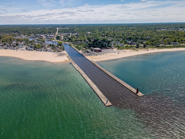 bird's eye view with a water view and a view of the beach