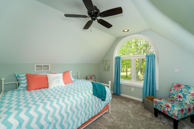 bedroom featuring vaulted ceiling, carpet flooring, and ceiling fan