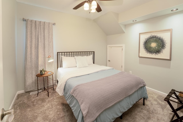 bedroom with ceiling fan and carpet flooring