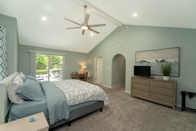 bedroom with light carpet, access to exterior, lofted ceiling with beams, and ceiling fan