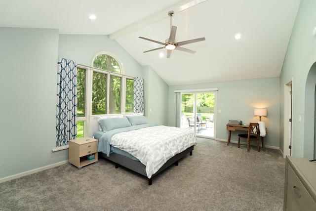 bedroom featuring ceiling fan, beam ceiling, high vaulted ceiling, light carpet, and access to outside