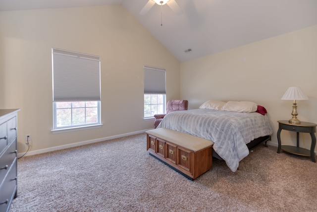 bedroom featuring ceiling fan, light colored carpet, and high vaulted ceiling