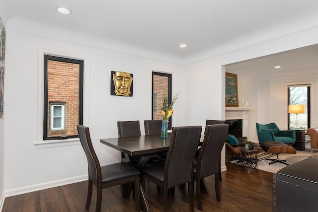 dining area with dark hardwood / wood-style flooring