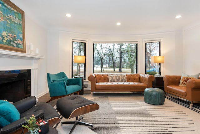 living room featuring crown molding