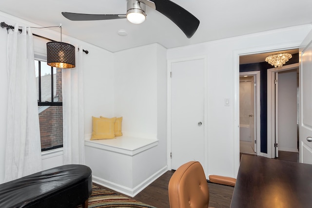 mudroom featuring dark hardwood / wood-style floors and ceiling fan