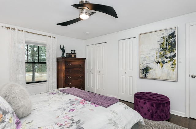 bedroom featuring dark hardwood / wood-style floors, two closets, and ceiling fan