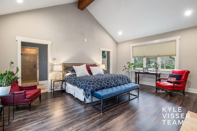 bedroom featuring dark wood-type flooring, beam ceiling, and high vaulted ceiling